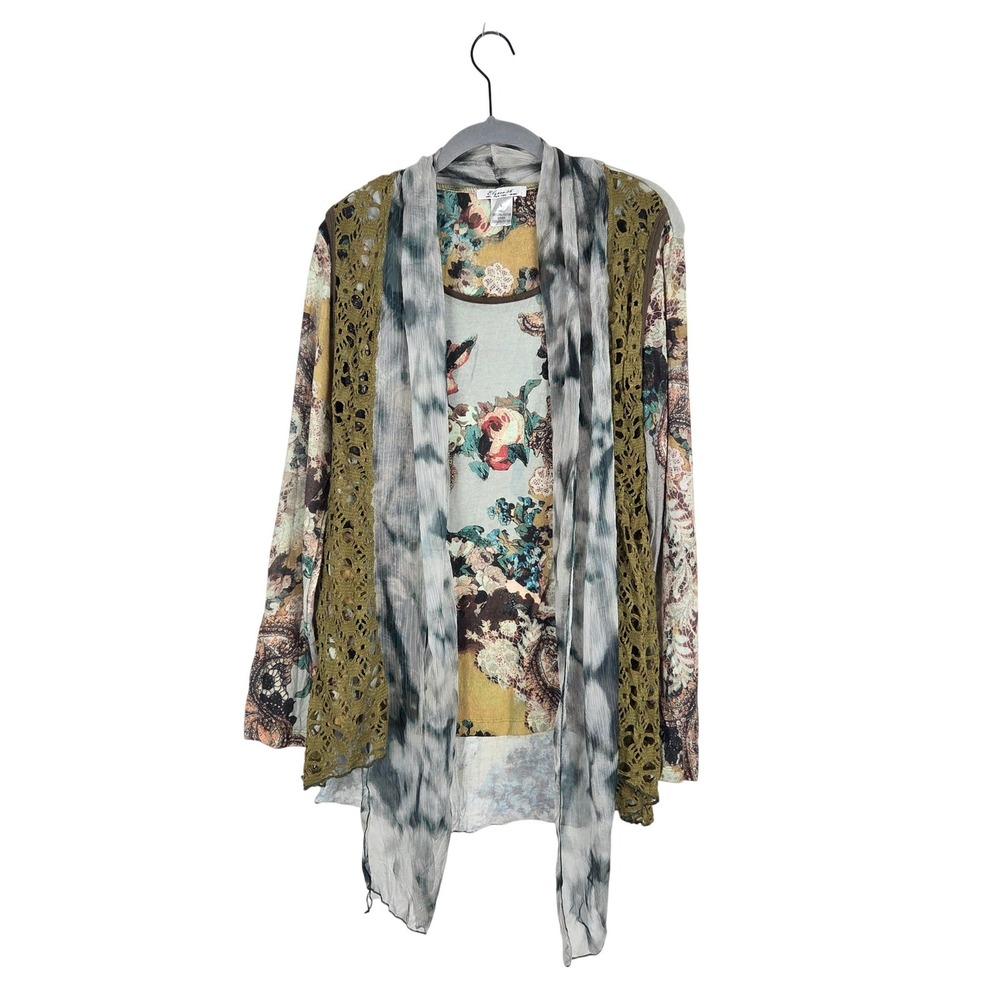 Elysee 26‎ Green Floral Tunic Crochet Vest Sz L Boho Forest Fairy Globincore